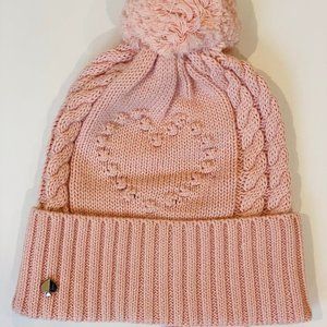 Kate Spade New York Knit Pom Pom English Rose pink Heart Beanie Hat/OS